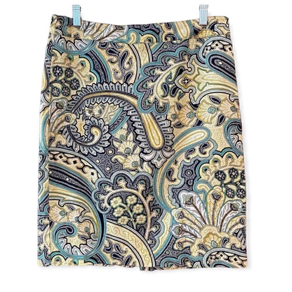 Van Heusen Sz 4 Yellow Teal Paisley Pencil Career Skirt
